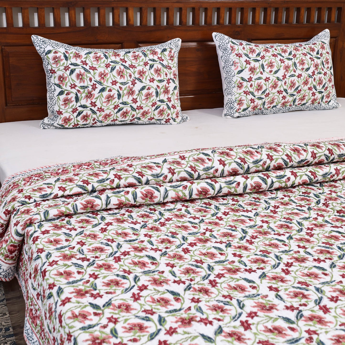 Double - Reversible Sanganeri Block Print Cotton Quilt Set 11