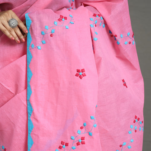 Pink - Applique Patti Kaam Pure Cotton Saree from Rampur 04