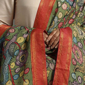 Green Chanderi Silk Srikalahasti Handpainted Pen Kalamkari Dupatta