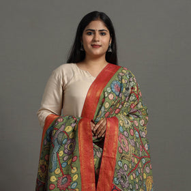 Green Chanderi Silk Srikalahasti Handpainted Pen Kalamkari Dupatta