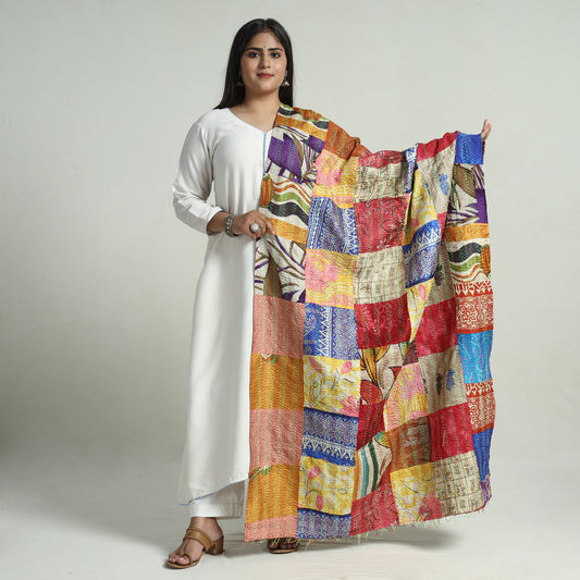 Multicolor - Bengal Kantha Embroidery Patchwork Reversible Silk Dupatta 35