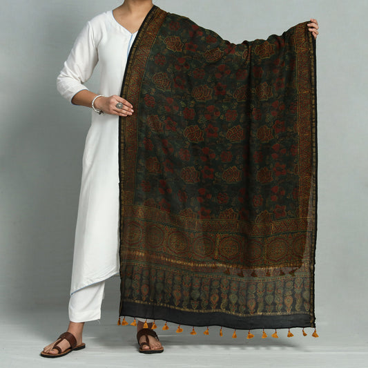 Green - Ajrakh Hand Block Printed Chanderi Silk Handloom Dupatta with Tassels