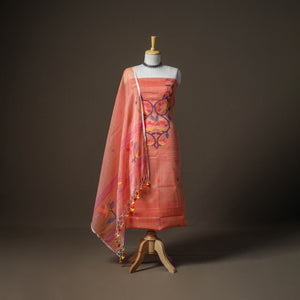 Peach - Jamdani Pure Handloom Muslin Unstitched Dress Material: Kurta with Dupatta 30
