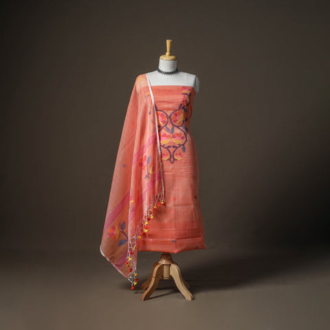Peach - Jamdani Pure Handloom Muslin Unstitched Dress Material: Kurta with Dupatta 30