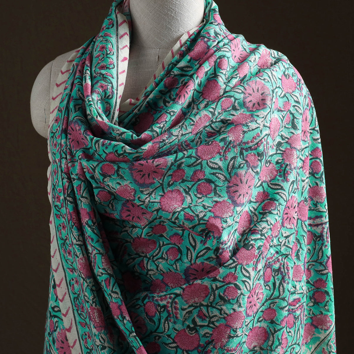 Floral Sanganeri Print Pure Merino Wool Handwoven Shawl 82