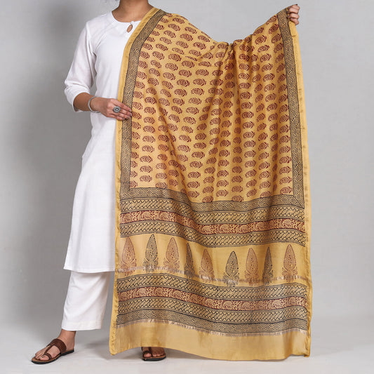 Yellow - Bagh Block Printed Chanderi Silk Handloom Dupatta
