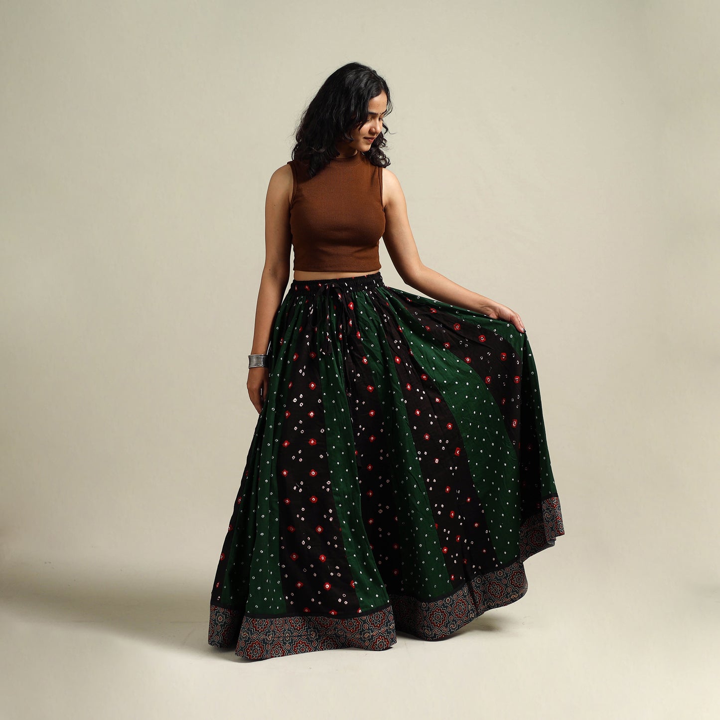 Multicolor - Bandhani Tie-Dye 24 Kali Patchwork Cotton Long Skirt 17