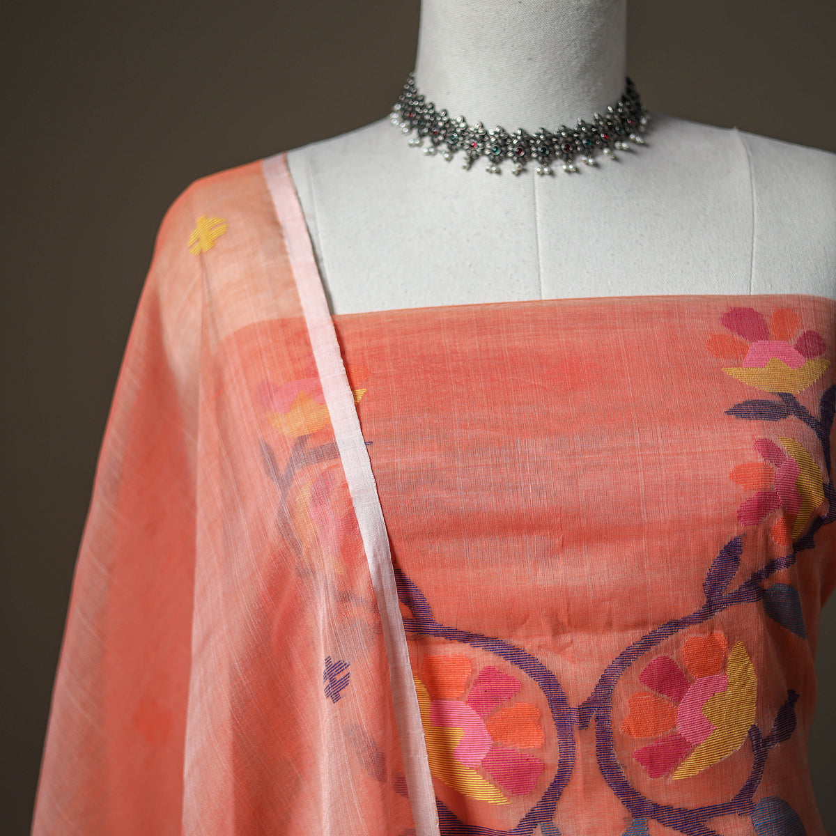 Peach - jamdani pure handloom muslin unstitched dress