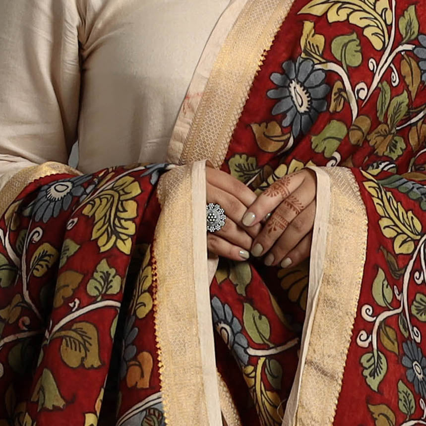 Red - Chanderi Silk Srikalahasti Handpainted Pen Kalamkari Dupatta 12