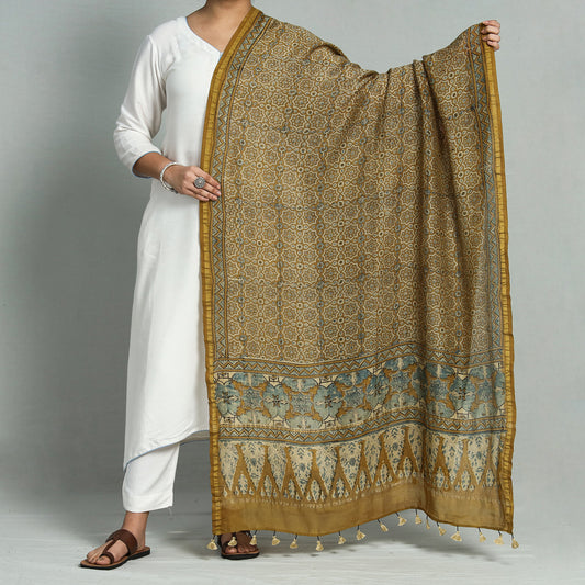 Yellow - Ajrakh Hand Block Printed Chanderi Silk Handloom Dupatta with Tassels