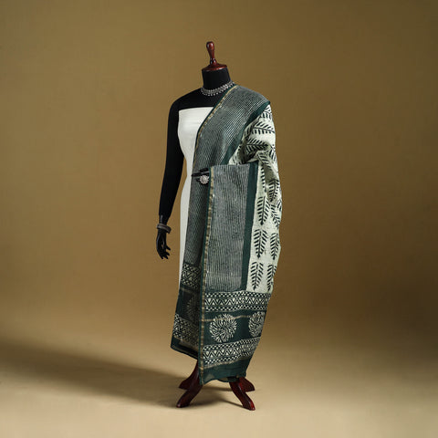 Green - Pipad Hand Block Print Natural Dyed Chanderi Silk Handloom Dupatta 15