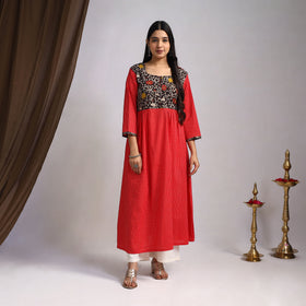 Red Nazakat Heritage Patchwork Cotton A-Line Plain Kurta for Women