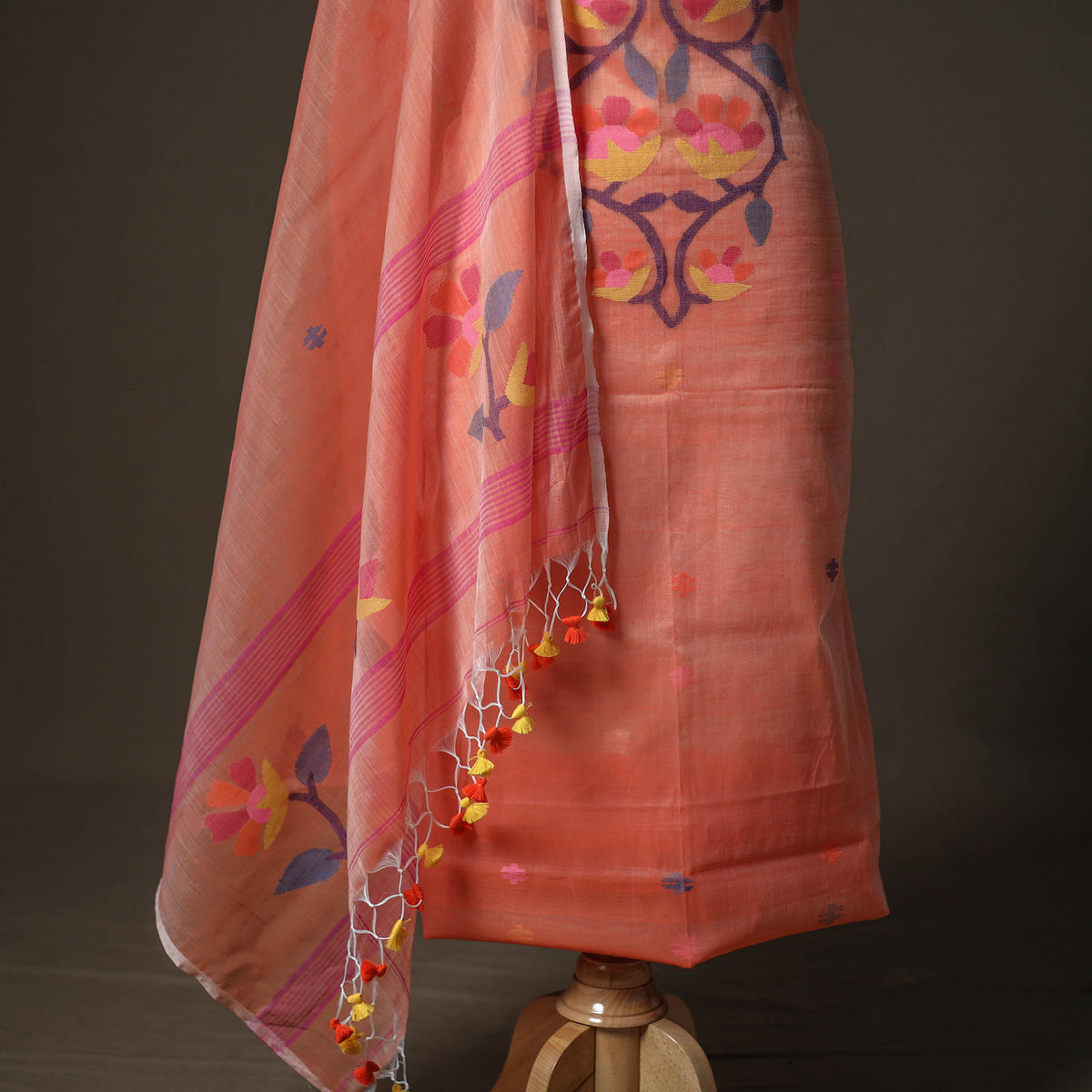 Peach - jamdani pure handloom muslin unstitched dress