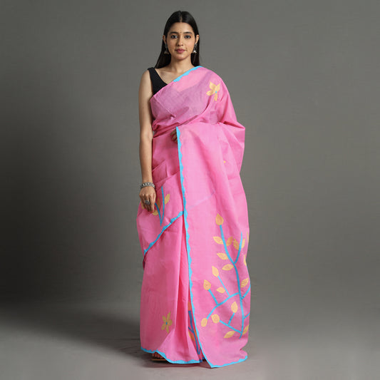 Pink - Applique Patti Kaam Pure Cotton Saree from Rampur 26