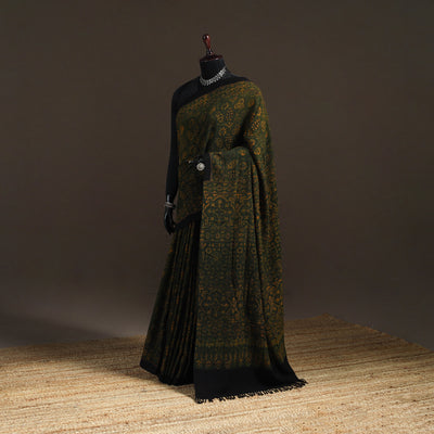 Handwoven Merino Wool Natural Dyed Hand Block Print Ajrakh Saree 09