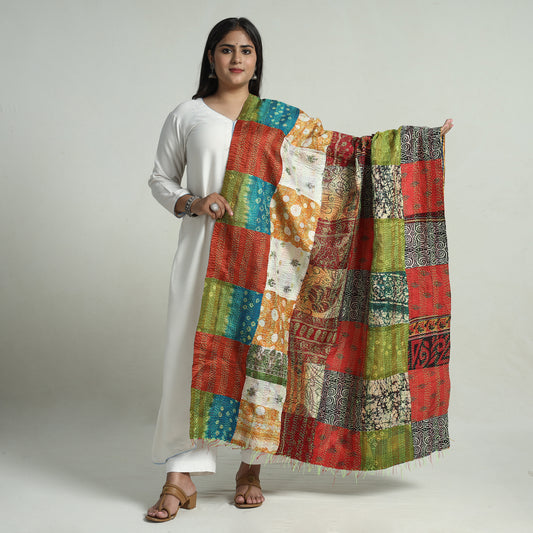 Multicolor - Bengal Kantha Embroidery Patchwork Reversible Silk Dupatta 36