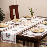 Sanganeri Block Printed Cotton Dining Table Runner, Mats (Set of 6) & Napkins (Set of 6)