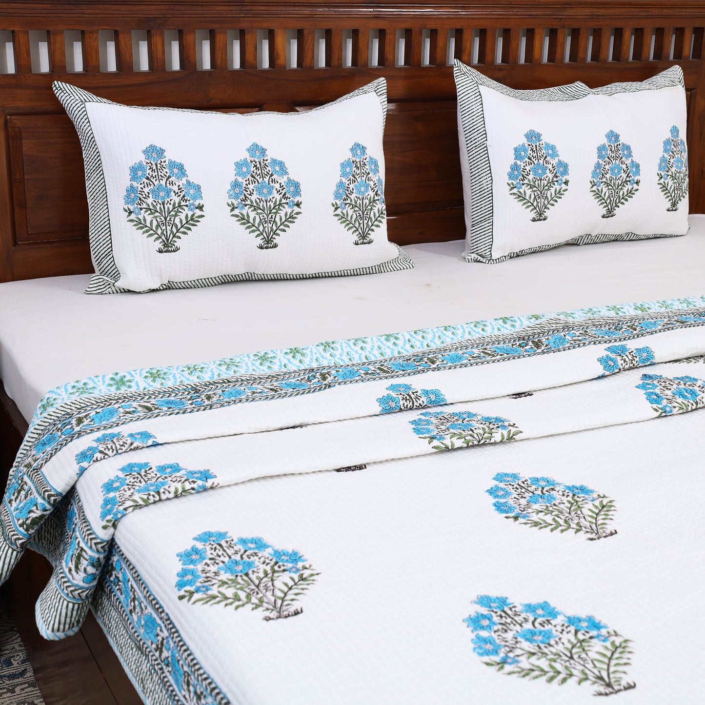 Double - Reversible Sanganeri Block Print Cotton Quilt Set 12