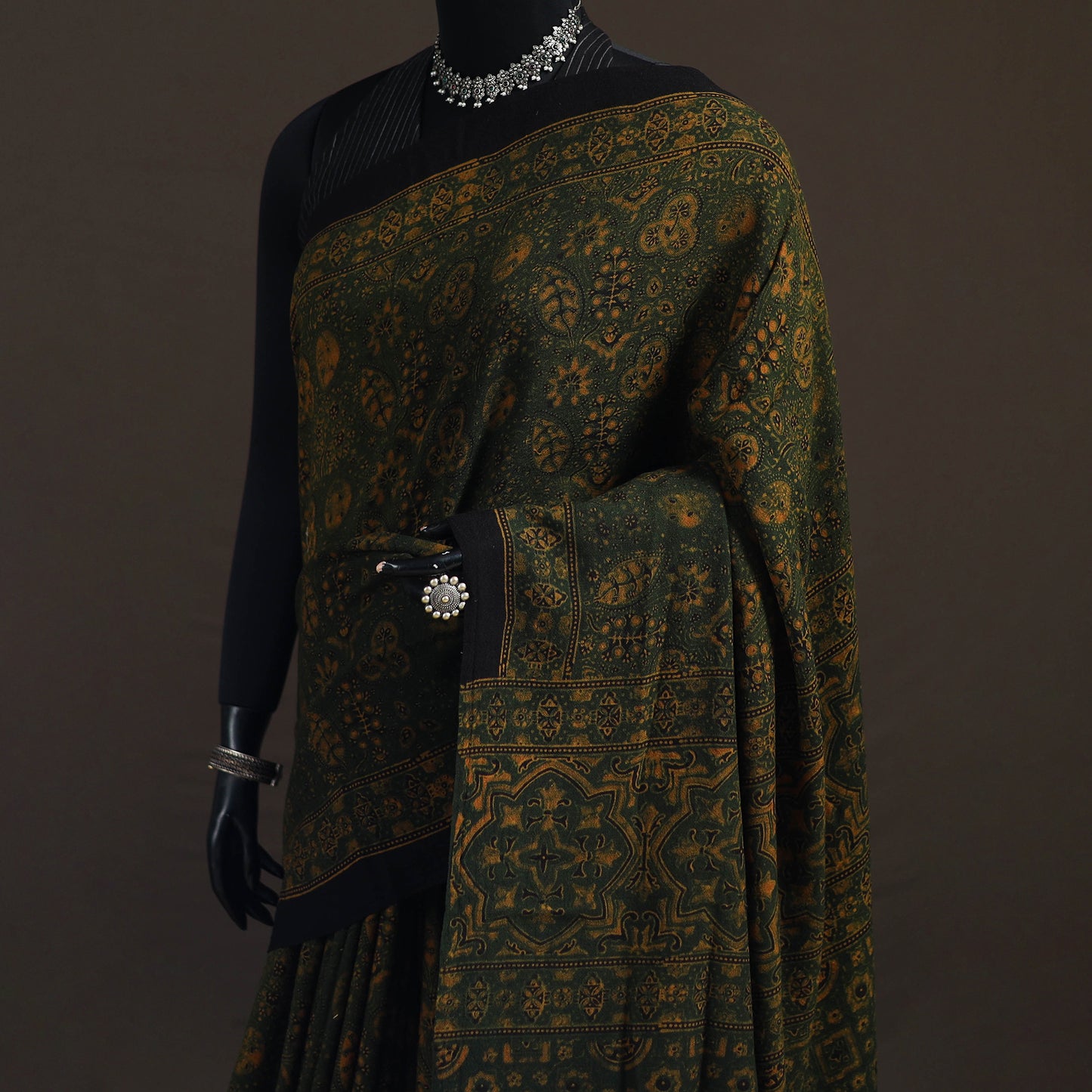 Handwoven Merino Wool Natural Dyed Hand Block Print Ajrakh Saree 09