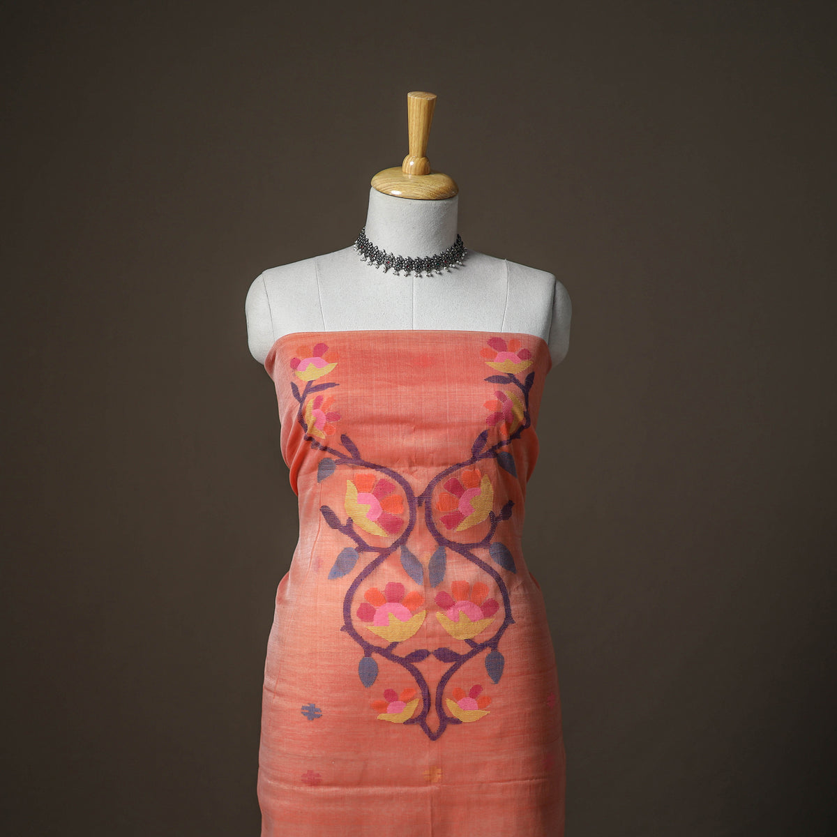 Peach - jamdani pure handloom muslin unstitched dress