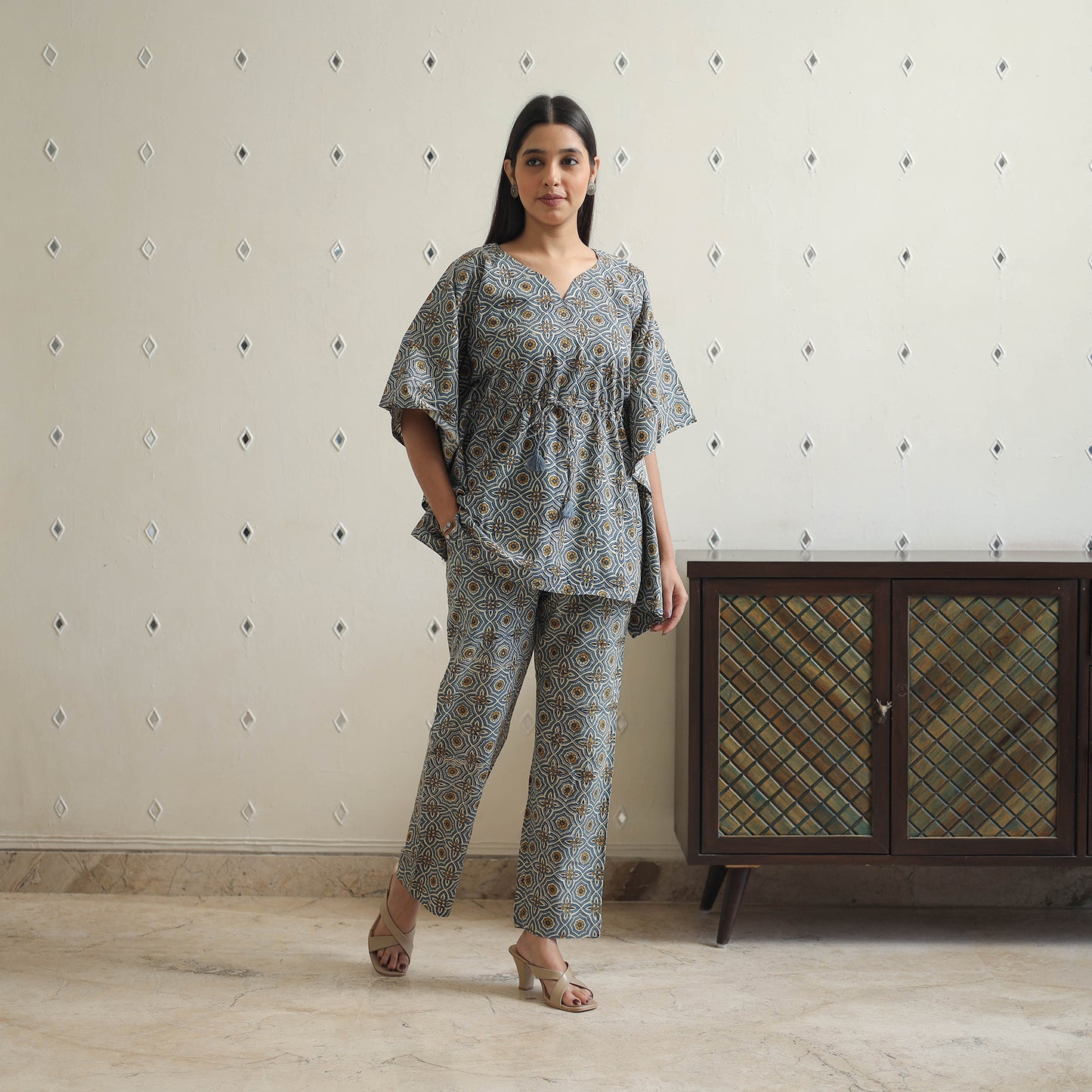 Grey - Block Printed Cotton Kaftan Ajrakh Co-ord Set 15