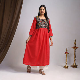 Red Nazakat Heritage Patchwork Cotton A-Line Plain Kurta for Women