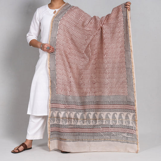 Maroon - Bagh Block Printed Chanderi Silk Handloom Dupatta