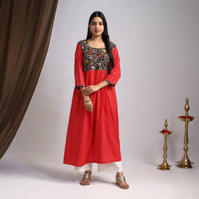 Red Nazakat Heritage Patchwork Cotton A-Line Plain Kurta for Women
