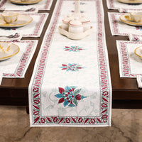 Sanganeri Block Printed Cotton Dining Table Runner, Mats (Set of 6) & Napkins (Set of 6)