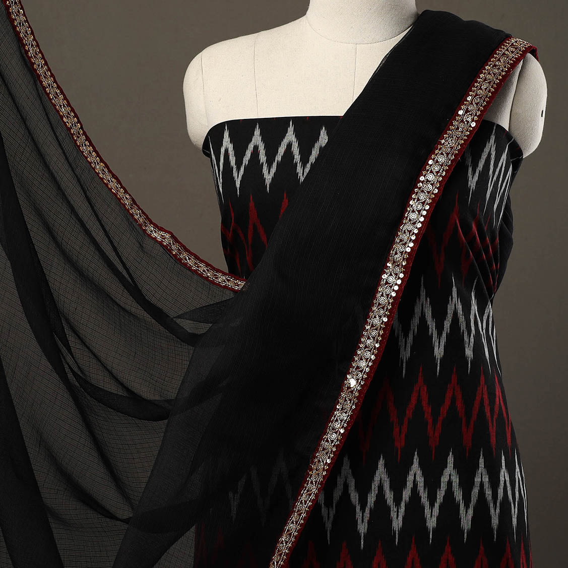 Black - 3pc Cotton Pochampally Ikat Kurta with Plain Dupatta 06