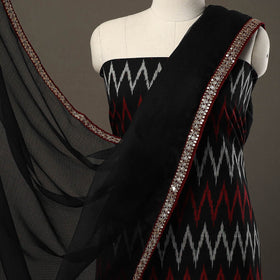 Black - 3pc Cotton Pochampally Ikat Kurta with Plain Dupatta 06