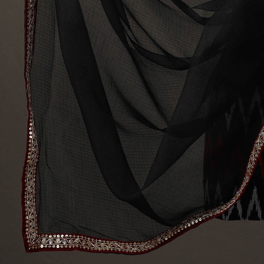 Black - 3pc Cotton Pochampally Ikat Kurta with Plain Dupatta 06