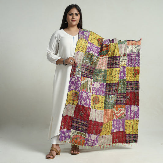 Multicolor - Bengal Kantha Embroidery Patchwork Reversible Silk Dupatta 37