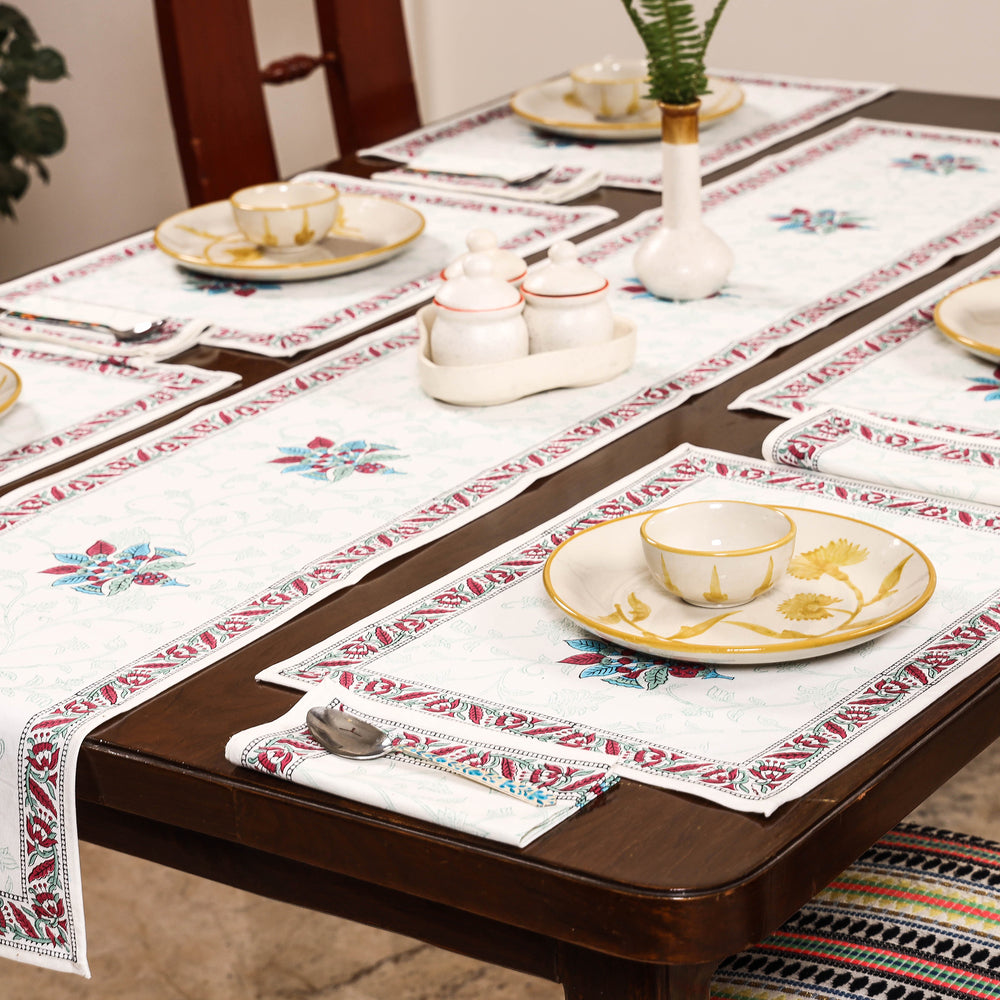 Sanganeri Block Printed Cotton Dining Table Runner, Mats (Set of 6) & Napkins (Set of 6)