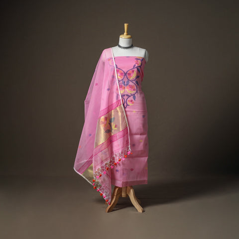 Pink - Jamdani Pure Handloom Muslin Unstitched Dress Material: Kurta with Dupatta 31