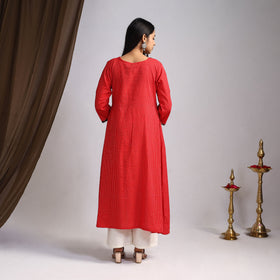 Red Nazakat Heritage Patchwork Cotton A-Line Plain Kurta for Women