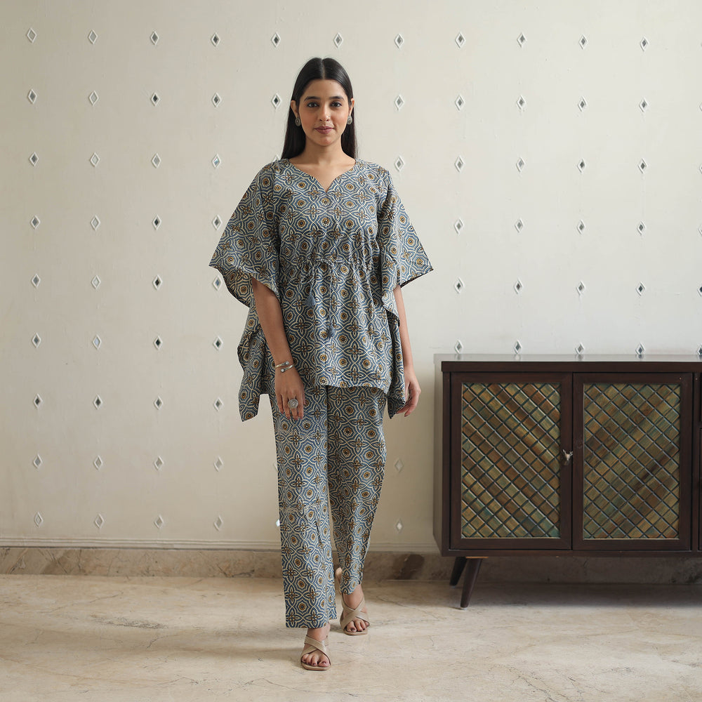 Grey - Block Printed Cotton Kaftan Ajrakh Co-ord Set 15