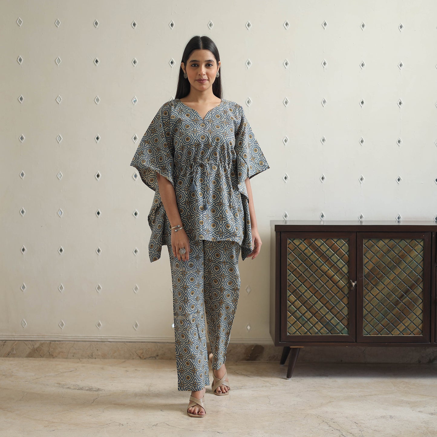 Grey - Block Printed Cotton Kaftan Ajrakh Co-ord Set 15