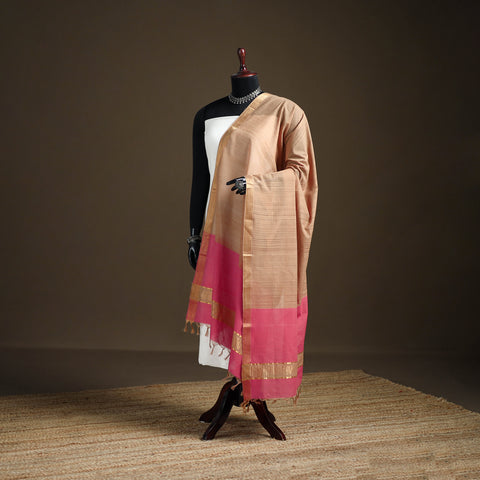 Beige - Pure Handloom Cotton Nizam Zari Border Mangalagiri Dupatta 20