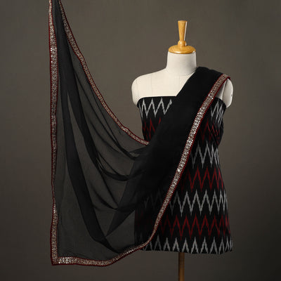 Black - 3pc Cotton Pochampally Ikat Kurta with Plain Dupatta 06