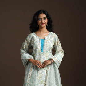 White - Chanderi Silk Hand Embroidery Block Print Sanganeri Suit Set with Dupatta for women 10