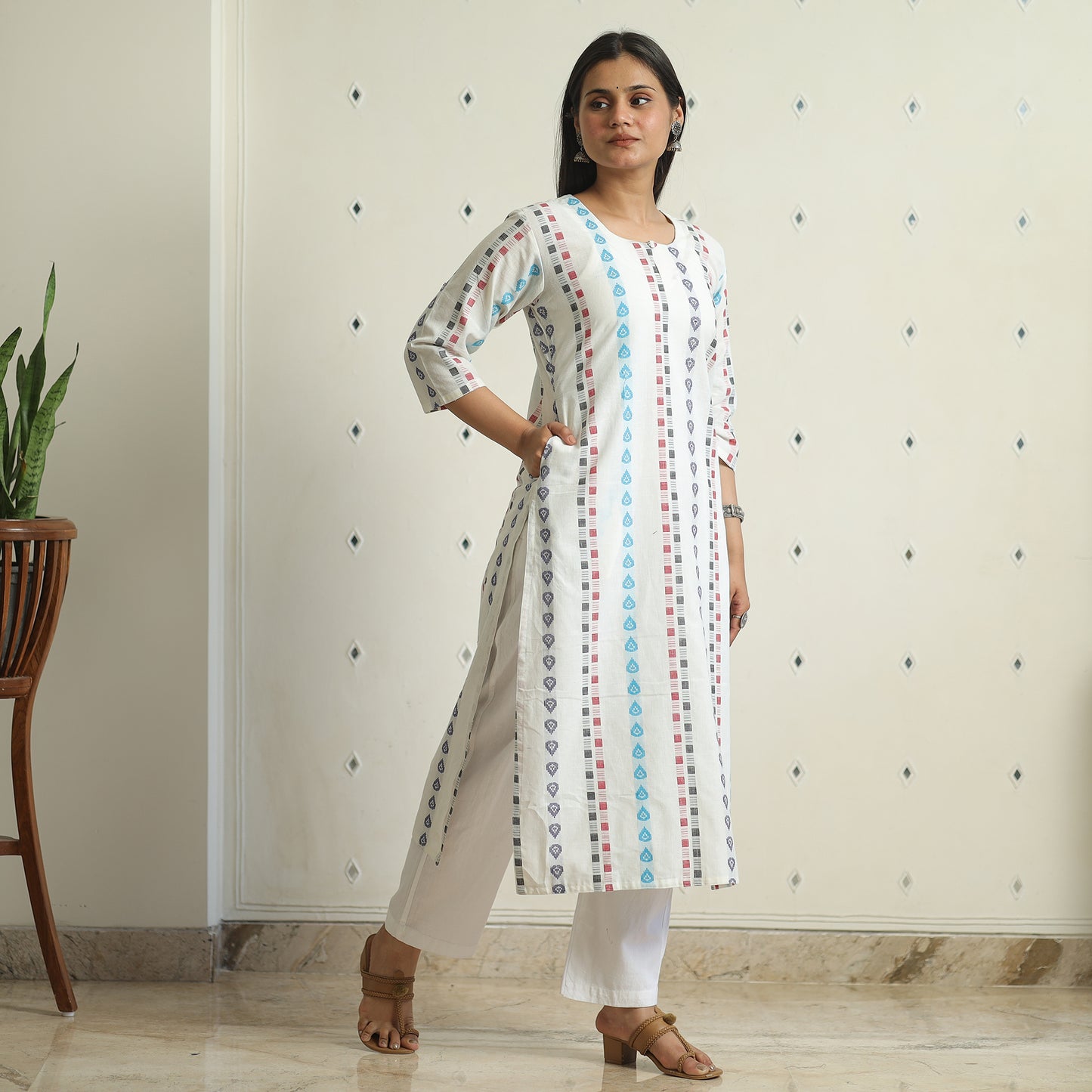 White - Jacquard Weave Cotton Straight Kurta 11