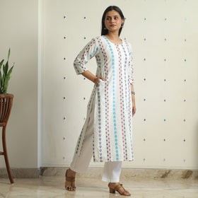 White - Jacquard Weave Cotton Straight Kurta 11