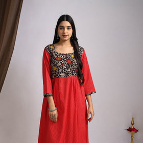 Red Nazakat Heritage Patchwork Cotton A-Line Plain Kurta for Women