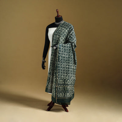 Black - Pipad Hand Block Print Natural Dyed Chanderi Silk Handloom Dupatta 16