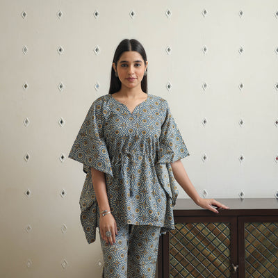 Grey - Block Printed Cotton Kaftan Ajrakh Co-ord Set 15