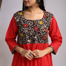 Red Nazakat Heritage Patchwork Cotton A-Line Plain Kurta for Women