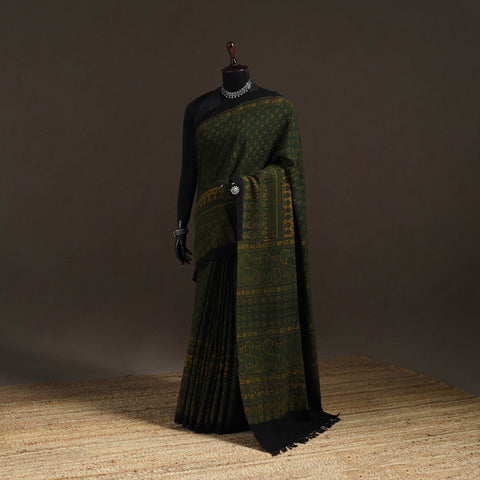 Handwoven Merino Wool Natural Dyed Hand Block Print Ajrakh Saree 10