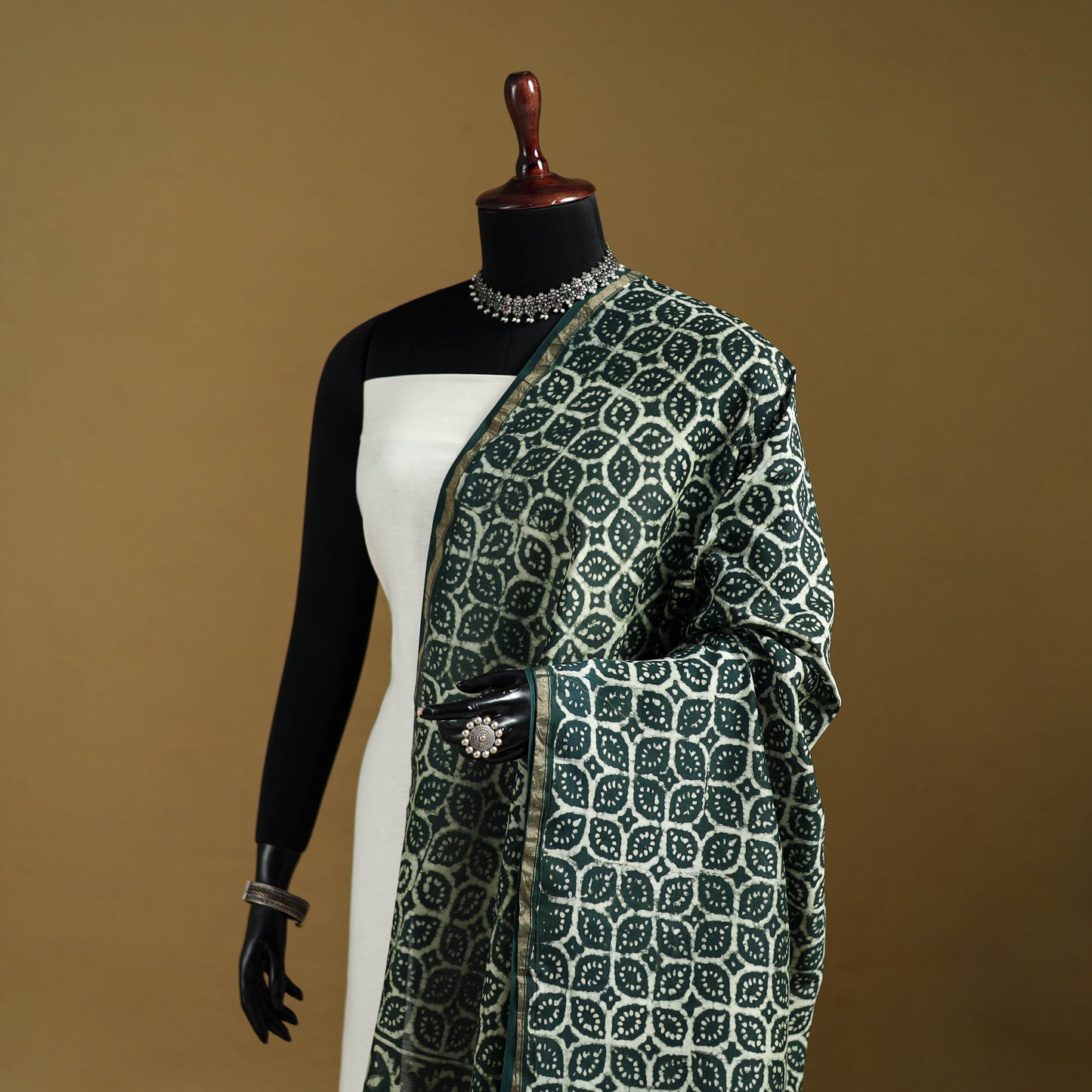 Black - Pipad Hand Block Print Natural Dyed Chanderi Silk Handloom Dupatta 16