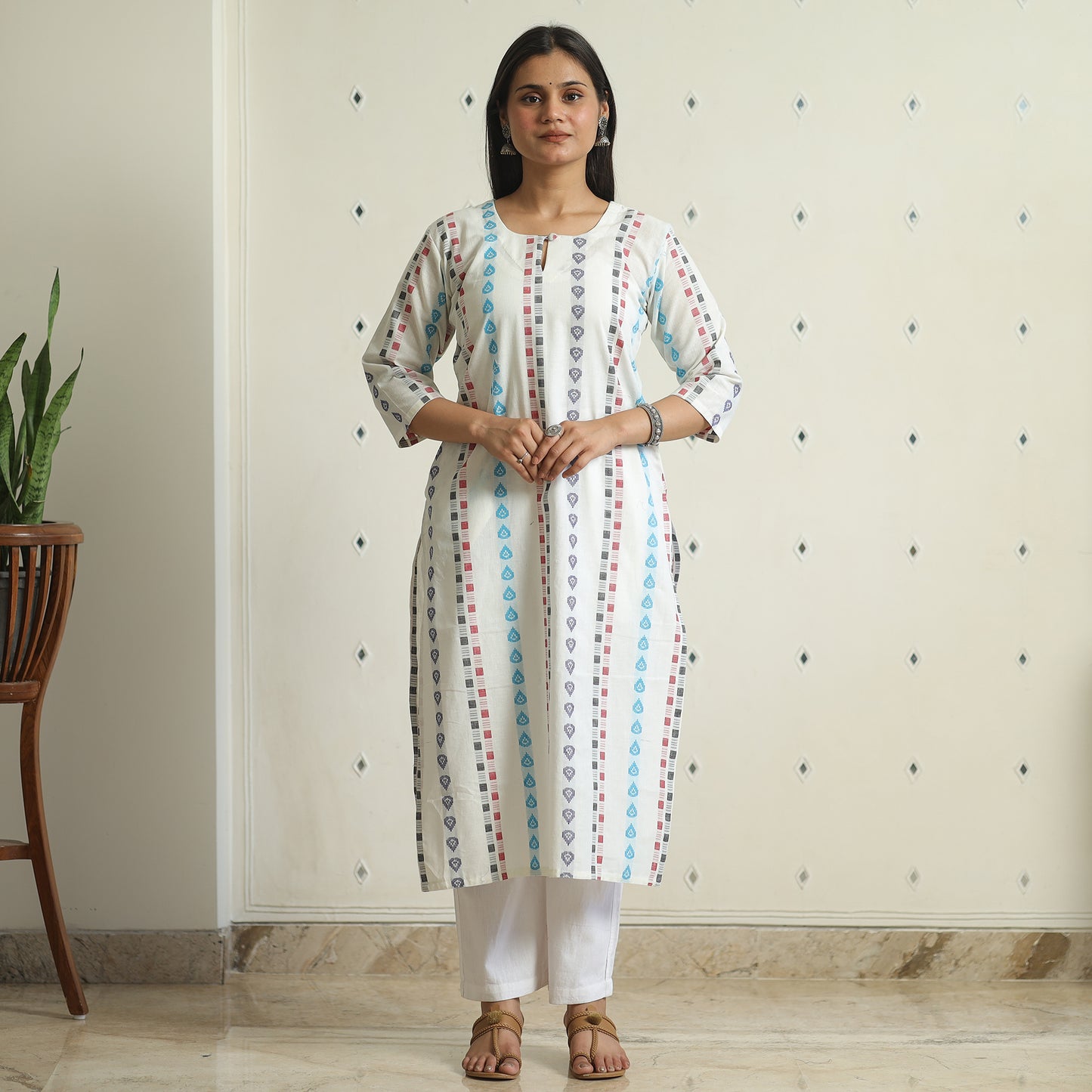White - Jacquard Weave Cotton Straight Kurta 11